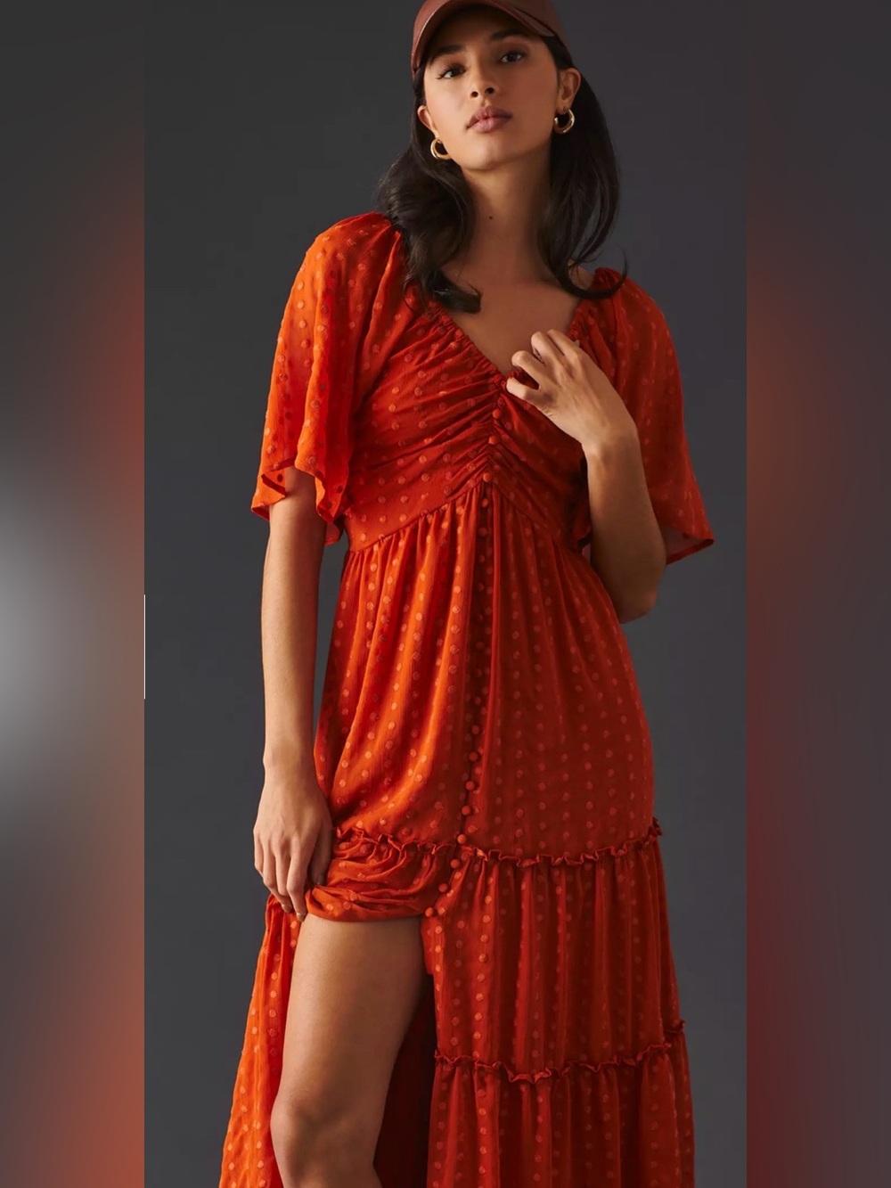 Anthropologie Rust Orange Polka Dot Tiered Maxi Dress